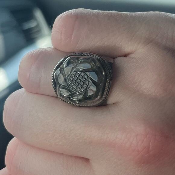 Vintage Carved Pale Green Flower Stone Wide Band Chunky 925 Sterling Silver Ring - Picture 10 of 14